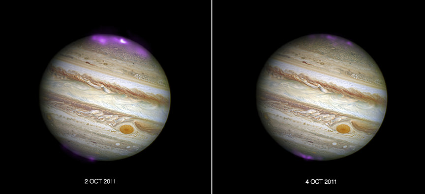 Composite images from the Chandra X-Ray Observatory and the Hubble Space Telescope show the hyper-energetic x-ray auroras at Jupiter. The image on the left is of the auroras when the coronal mass ejection reached Jupiter, the image on the right is when the auroras subsided. The auroras were triggered by a coronal mass ejection from the Sun that reached the planet in 2011. Image: X-ray: NASA/CXC/UCL/W.Dunn et al, Optical: NASA/STScI