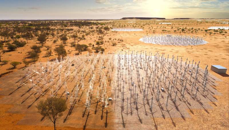 Composite image of the SKA-Low telescope in Western Australia. The image blends a real photo (on the left) of the SKA-Low prototype station AAVS2.0 which is already on site, with an artists impression of the future SKA-Low stations as they will look when constructed. These dipole antennas, which will number in their hundreds of thousands, will survey the radio sky in frequencies as low at 50Mhz. Credit: ICRAR and SKAO Astronomers spot a "space jellyfish" in Abell 2877