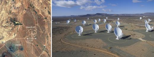 Left-hand panel: A satellite view of the MeerKAT receptor pads before the installation of the receptors, with the Hydrogen Epoch of Reionization Array (HERA) in the neighbourhood, captured from Google Earth. Right-hand panel: A photograph of some of the MeerKAT receptors with the flat-topped hills (Karoo Kopies) capped by dolerite sills, a reminder of the Gondwanan past, in the background (courtesy SARAO).