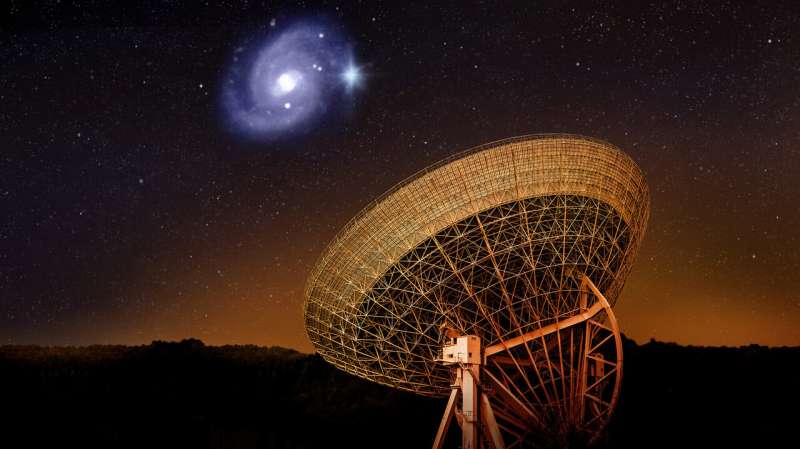 Artistic view of the Effelsberg telescope pointing its dish at the galaxy 500 million light-years from Earth where the famous fast radio burst FRB20180916B sends out bursts of flashes with regularity. Credit: Daniëlle Futselaar/ASTRON/HST Famous fast radio burst FRB20180916B just barely lets itself be captured