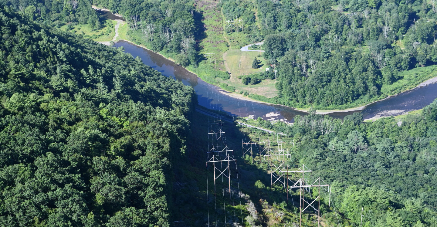 FirstEnergy’s circuitry is visible on the left of this image of a 230 kV transmission line in northern Pennsylvania.