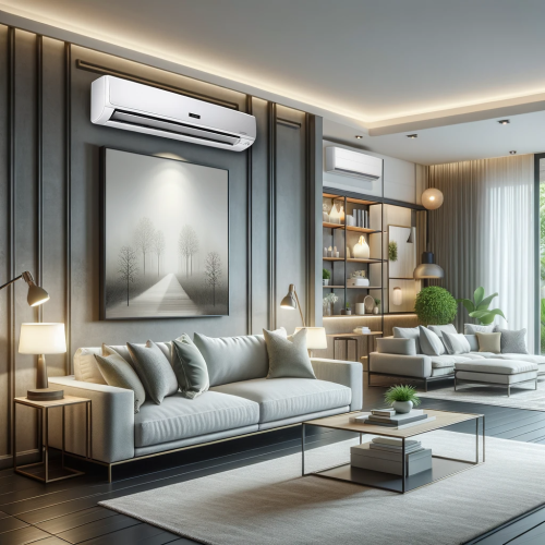 "Modern living room with Ryan Cool Air conditioning unit."