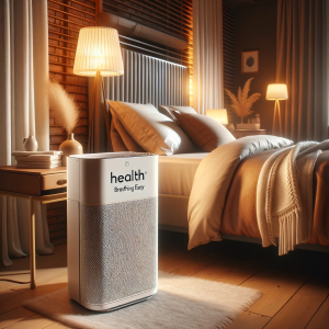 "Cozy bedroom with Health: Breathing Easy air purifier."