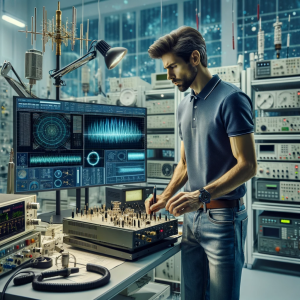 RF engineer at work in a modern laboratory setting, surrounded by various RF engineering equipment.
