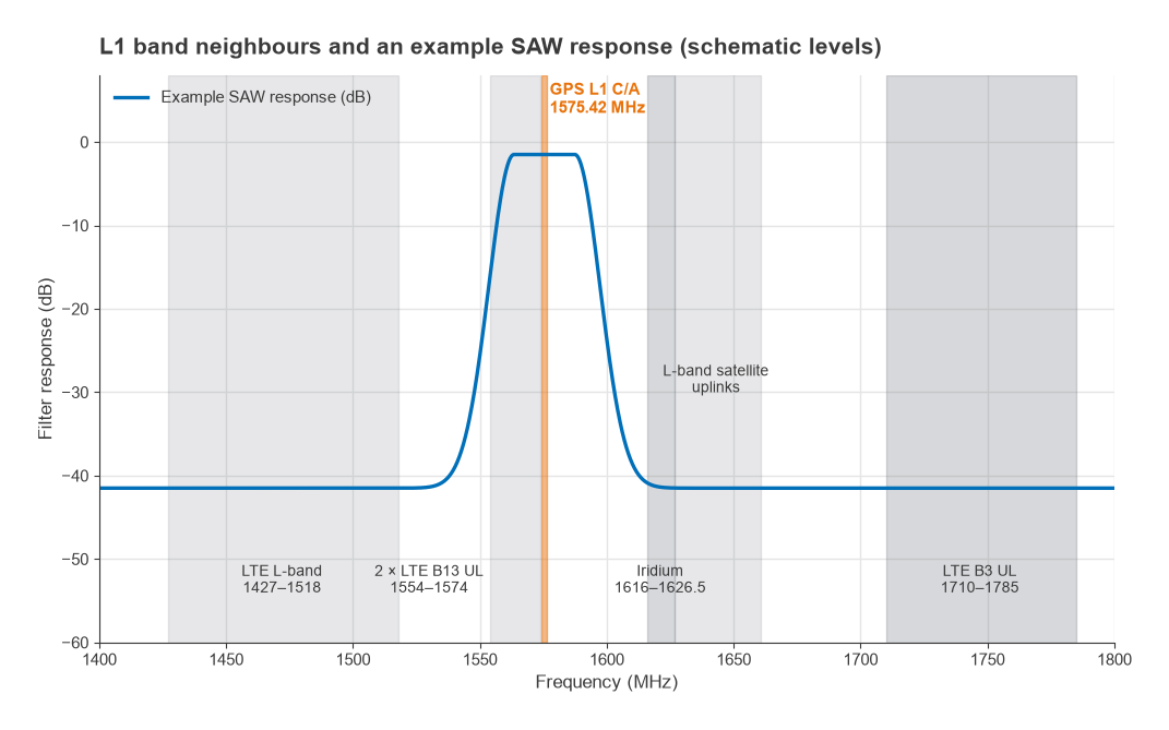 Spectrum from 1400 to 1800 MHz showing GPS L1, neighbouring LTE and satellite bands and an example SAW response