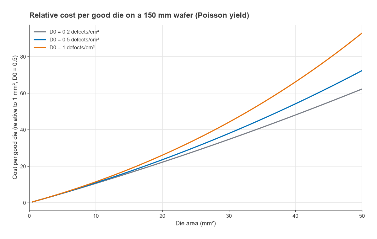 Relative cost per good die versus die area on a 150 mm wafer for three defect densities